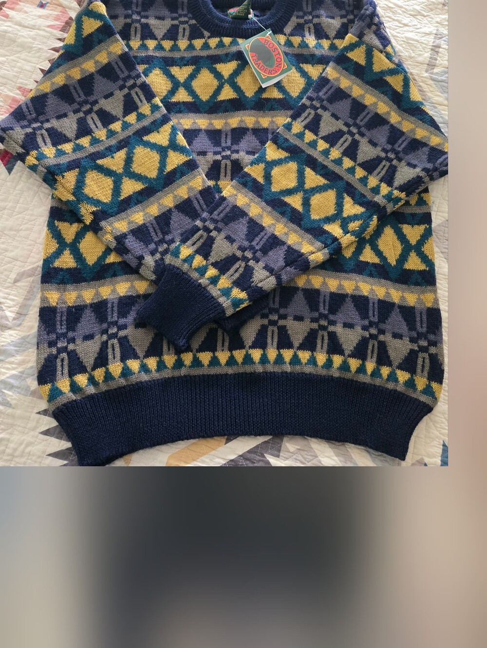 Boston Traders Men's Geometric Crewneck Sweater in Navy Yellow Wool Vintage NWT